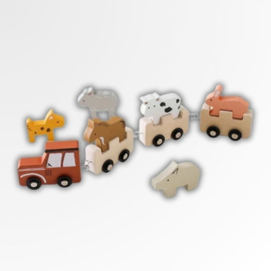 Petit Éveil Montessori train en bois avec des animaux colorés et une voiture, jouet éducatif pour enfants.
