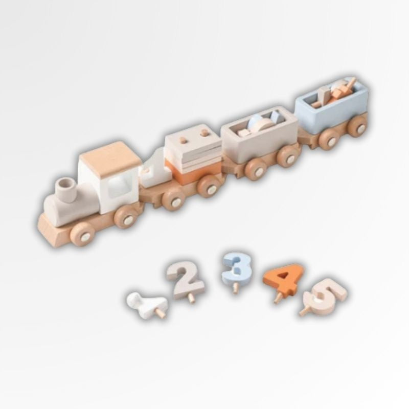 Petit Éveil Montessori train en bois avec wagons colorés et chiffres détachables pour l'apprentissage.