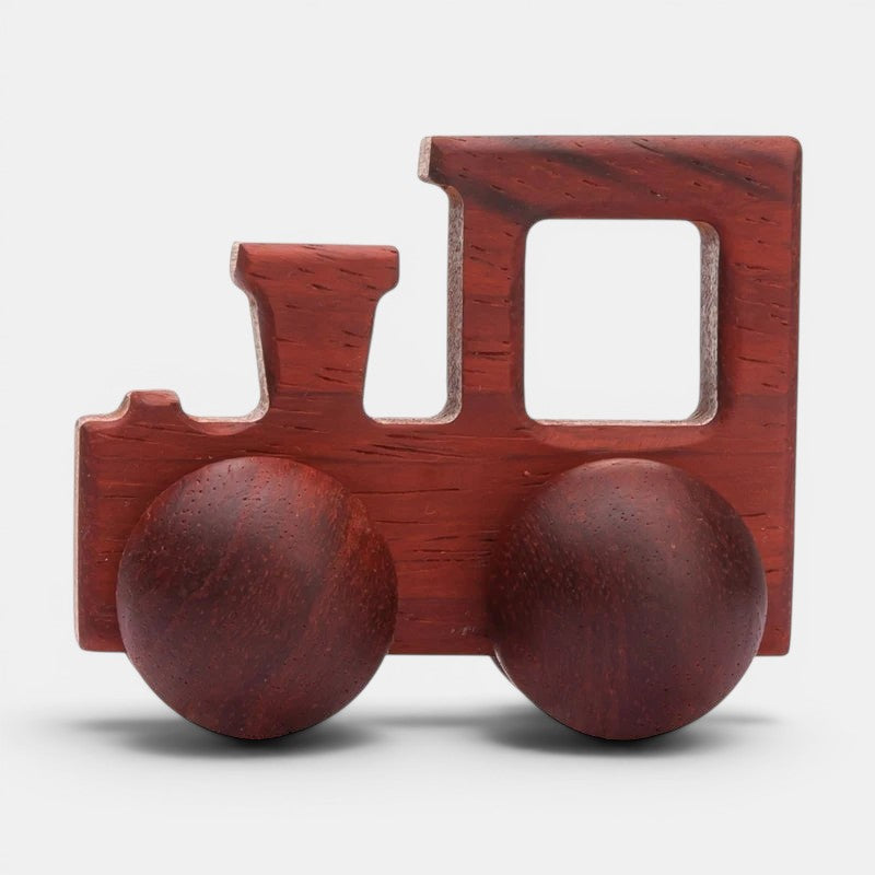 Petit Éveil Montessori, train en bois rouge foncé, jouet d'éveil pour enfant, développement motricité.