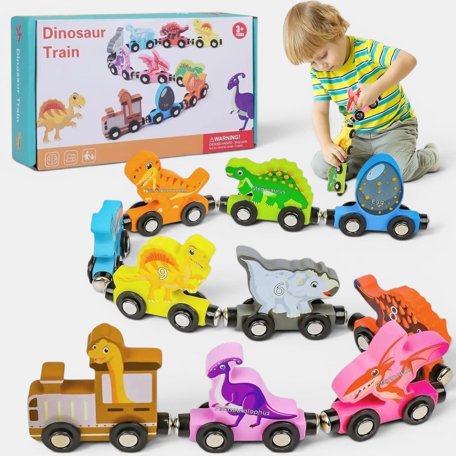Petit Éveil Montessori : train magnétique en bois avec 9 wagons dinosaures colorés et éducatifs pour enfants.