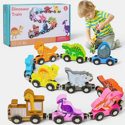 Petit Éveil Montessori : train magnétique en bois avec 9 wagons dinosaures colorés et éducatifs pour enfants.