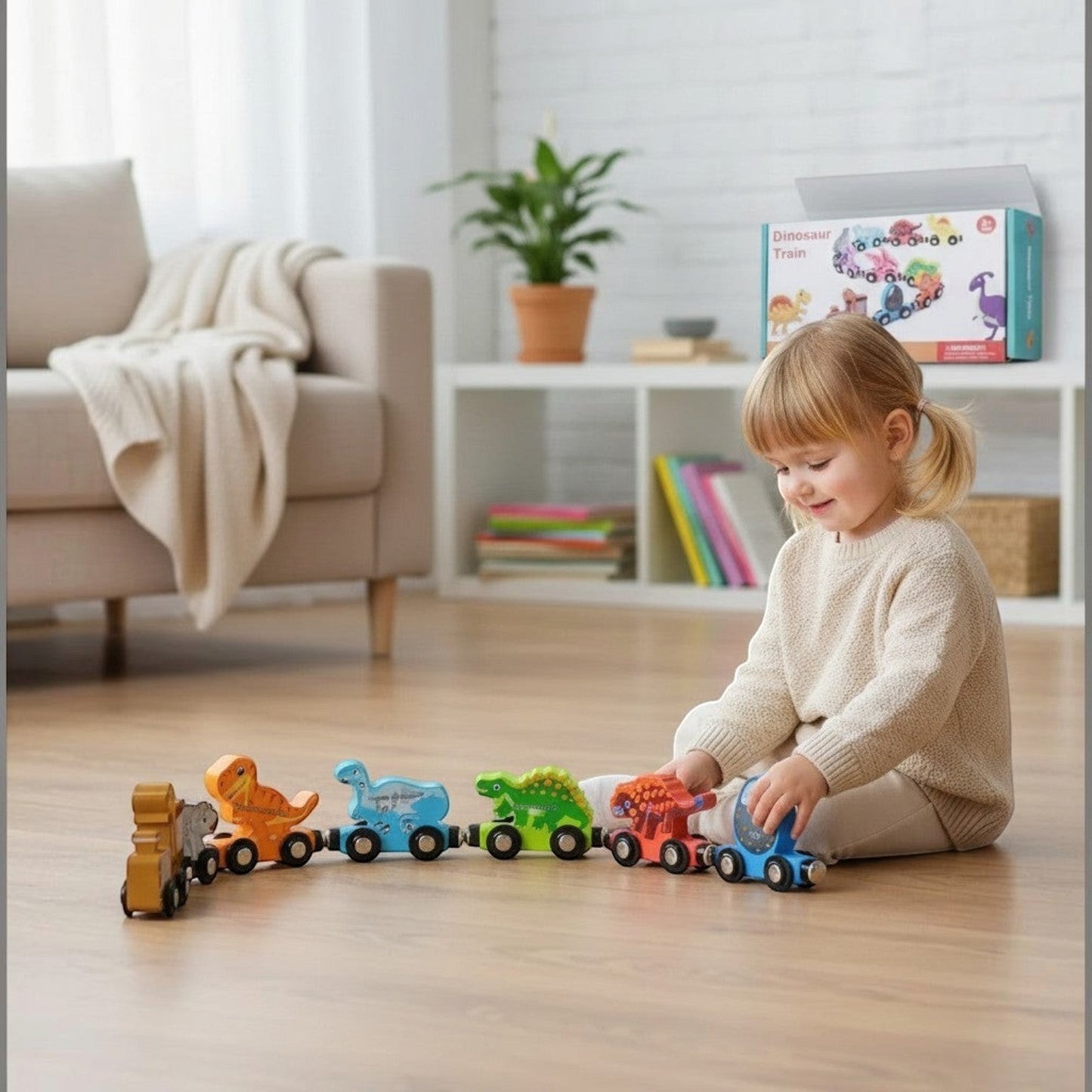 Petit Éveil Montessori : train magnétique en bois avec 8 wagons dinosaures colorés et éducatifs pour enfants.