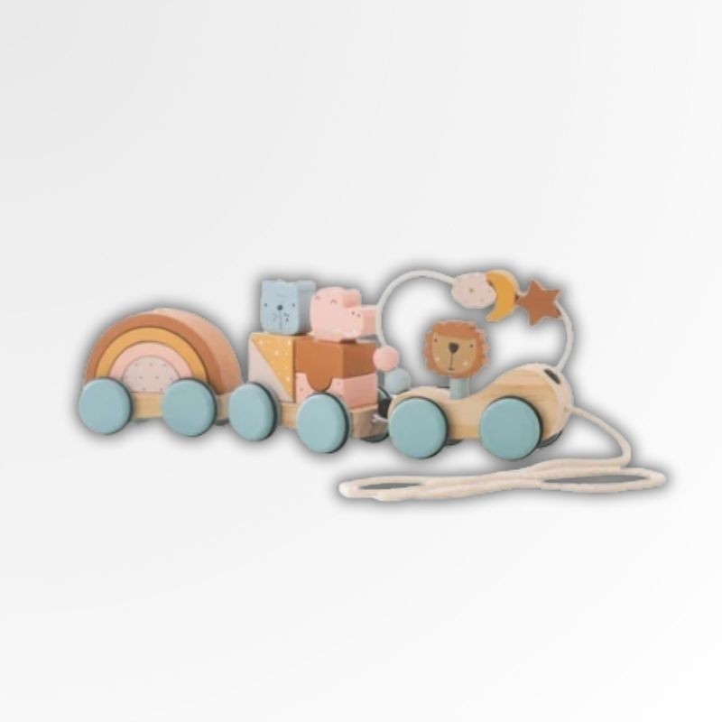 Petit Éveil Montessori train en bois avec des blocs colorés, un arc-en-ciel et un lion. Jouet éducatif pour bébé.