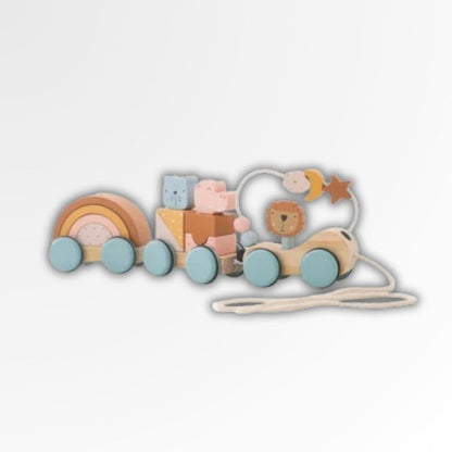 Petit Éveil Montessori train en bois avec des blocs colorés, un arc-en-ciel et un lion. Jouet éducatif pour bébé.