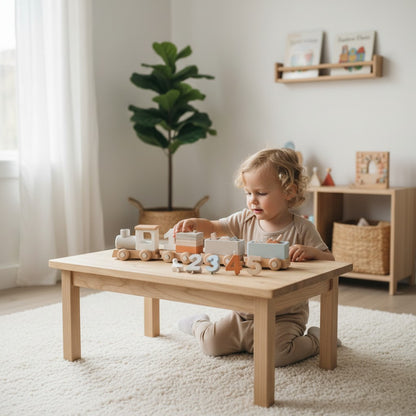 Petit Éveil Montessori : train en bois avec wagons colorés et chiffres détachables pour l'apprentissage.