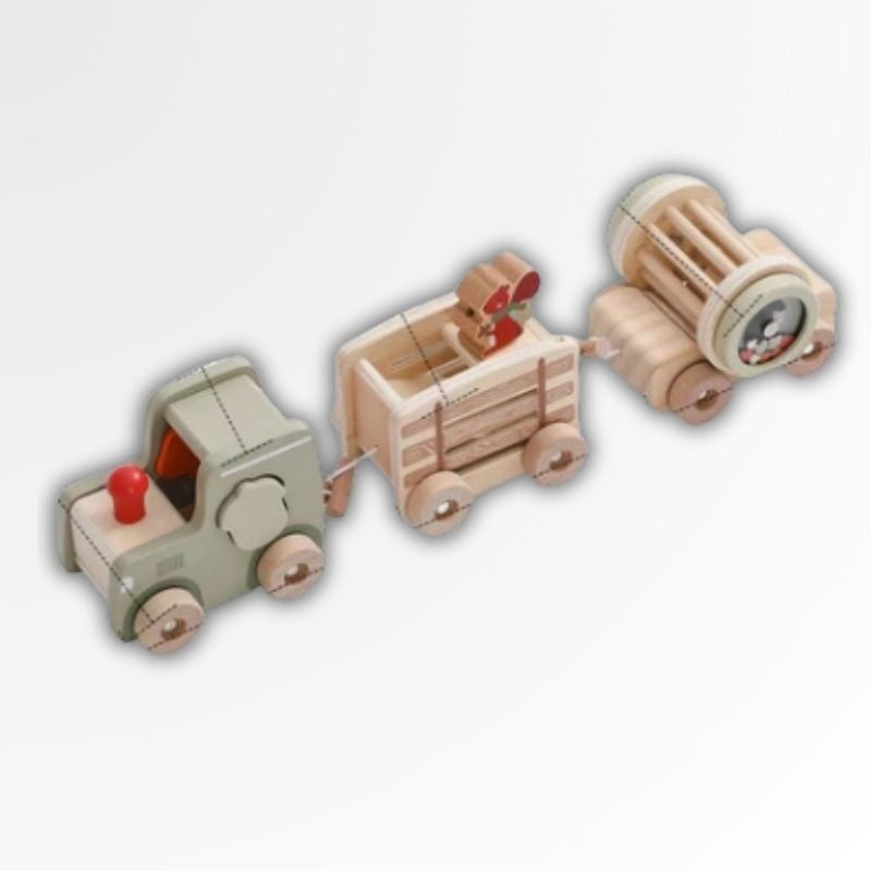 Petit Éveil Montessori train en bois avec wagon et locomotive verte, jouet éducatif pour bébé.