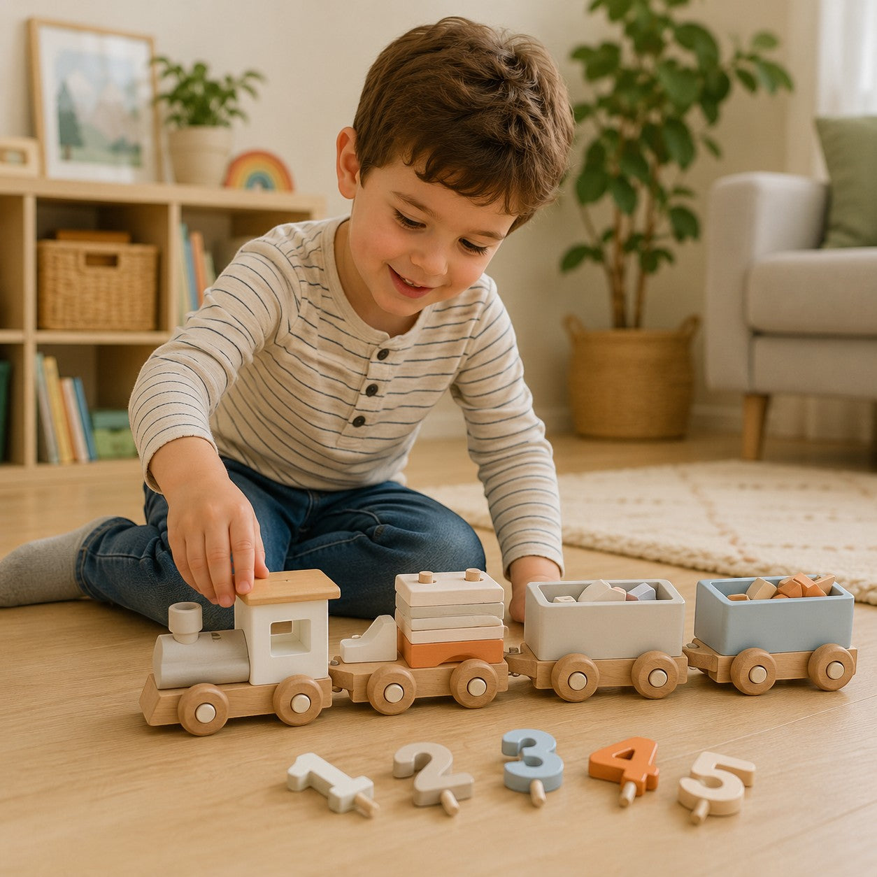 Petit Éveil Montessori train en bois avec des wagons colorés et des chiffres pour l'apprentissage.