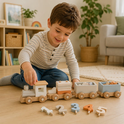 Petit Éveil Montessori train en bois avec des wagons colorés et des chiffres pour l'apprentissage.