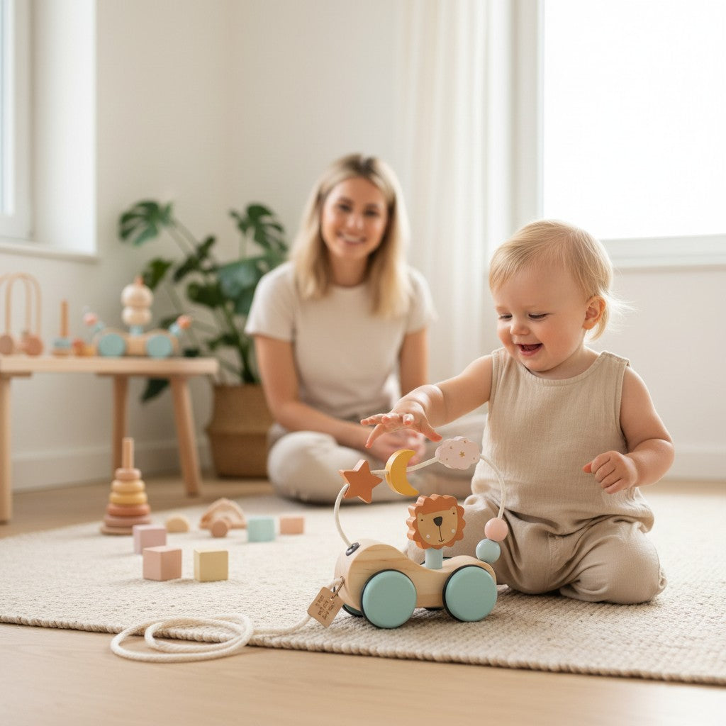 Petit Éveil Montessori train en bois avec un lion, lune, étoile et nuage. Roues bleues, cordelette.