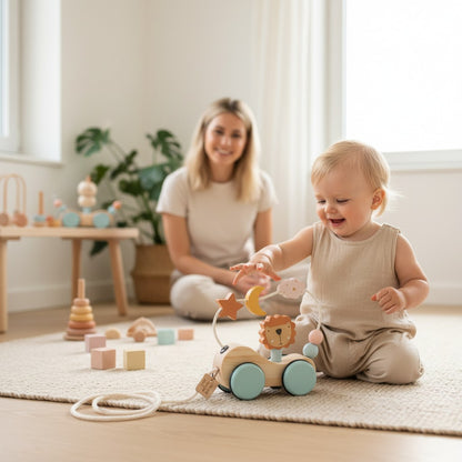 Petit Éveil Montessori train en bois avec un lion, lune, étoile et nuage. Roues bleues, cordelette.