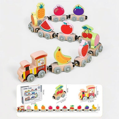 Petit Éveil Montessori train magnétique en bois éducatif avec wagons fruits colorés : pomme, pastèque, banane, fraise, cerise, grenade, prune, ananas.