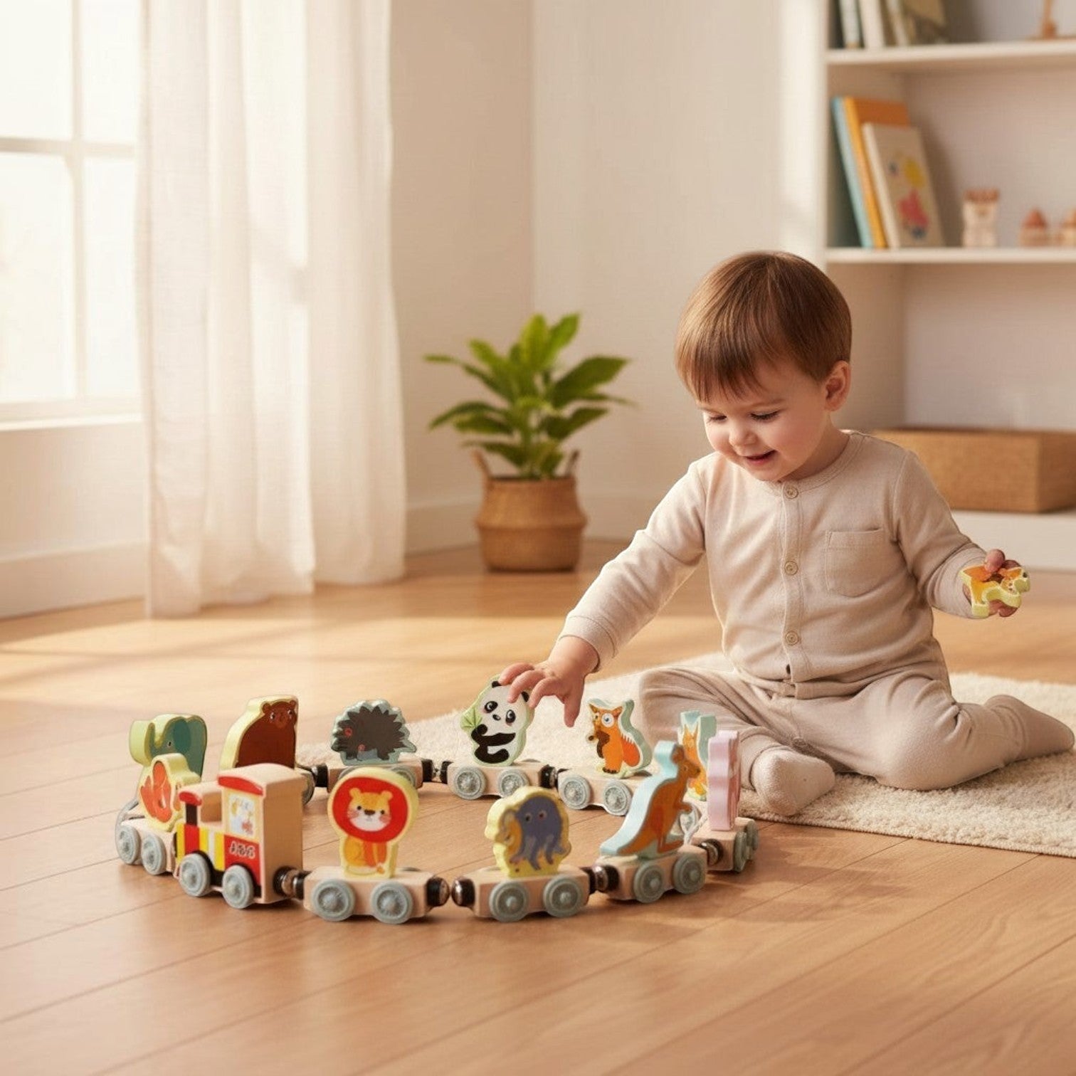 Petit Éveil Montessori train magnétique en bois éducatif avec animaux : ours, hibou, éléphant, lion, kangourou, panda, renard.