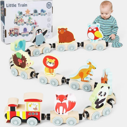 Petit Éveil Montessori train magnétique en bois éducatif avec animaux : locomotive, renard, panda, kangourou, lion, hérisson, éléphant, pingouin, ours, hibou.