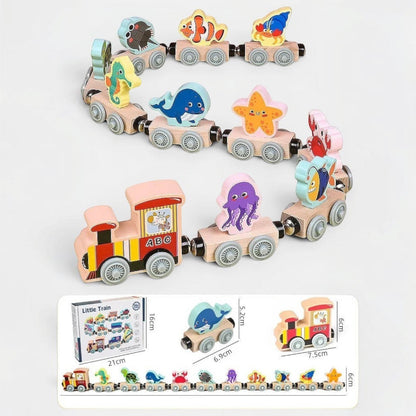 Petit Éveil Montessori train magnétique en bois avec animaux marins et locomotive ABC, jouet éducatif pour enfants.