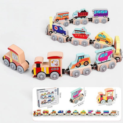 Petit Éveil Montessori - Train magnétique en bois éducatif avec wagon ambulance, bus, taxi, camion, bateau, hélicoptère et plus.