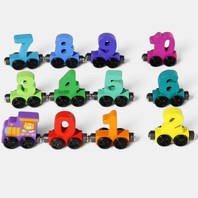 Petit Éveil Montessori, train magnétique en bois avec chiffres colorés de 0 à 10 pour l'apprentissage.