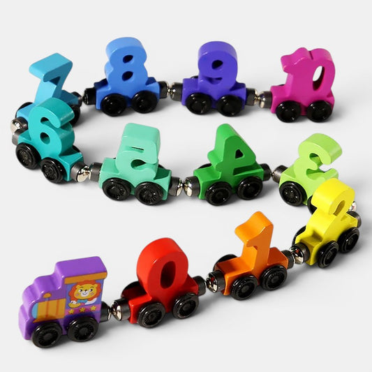 Petit Éveil Montessori train magnétique en bois avec chiffres colorés pour l'apprentissage des nombres et le développement de la motricité.