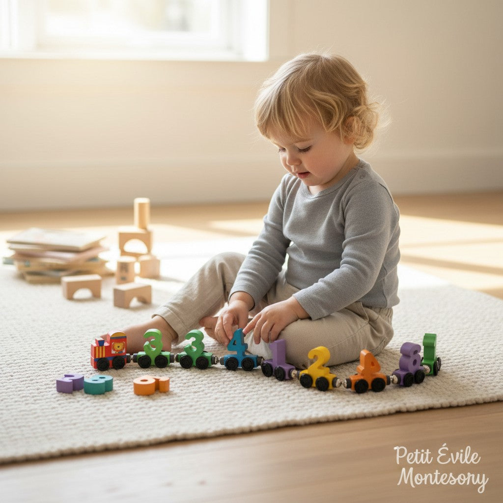 Petit Éveil Montessori : train magnétique en bois coloré avec chiffres pour l'apprentissage des nombres.