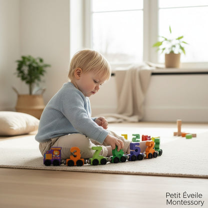 Petit Éveil Montessori train magnétique en bois avec chiffres colorés pour l'apprentissage des nombres et le développement de la motricité.