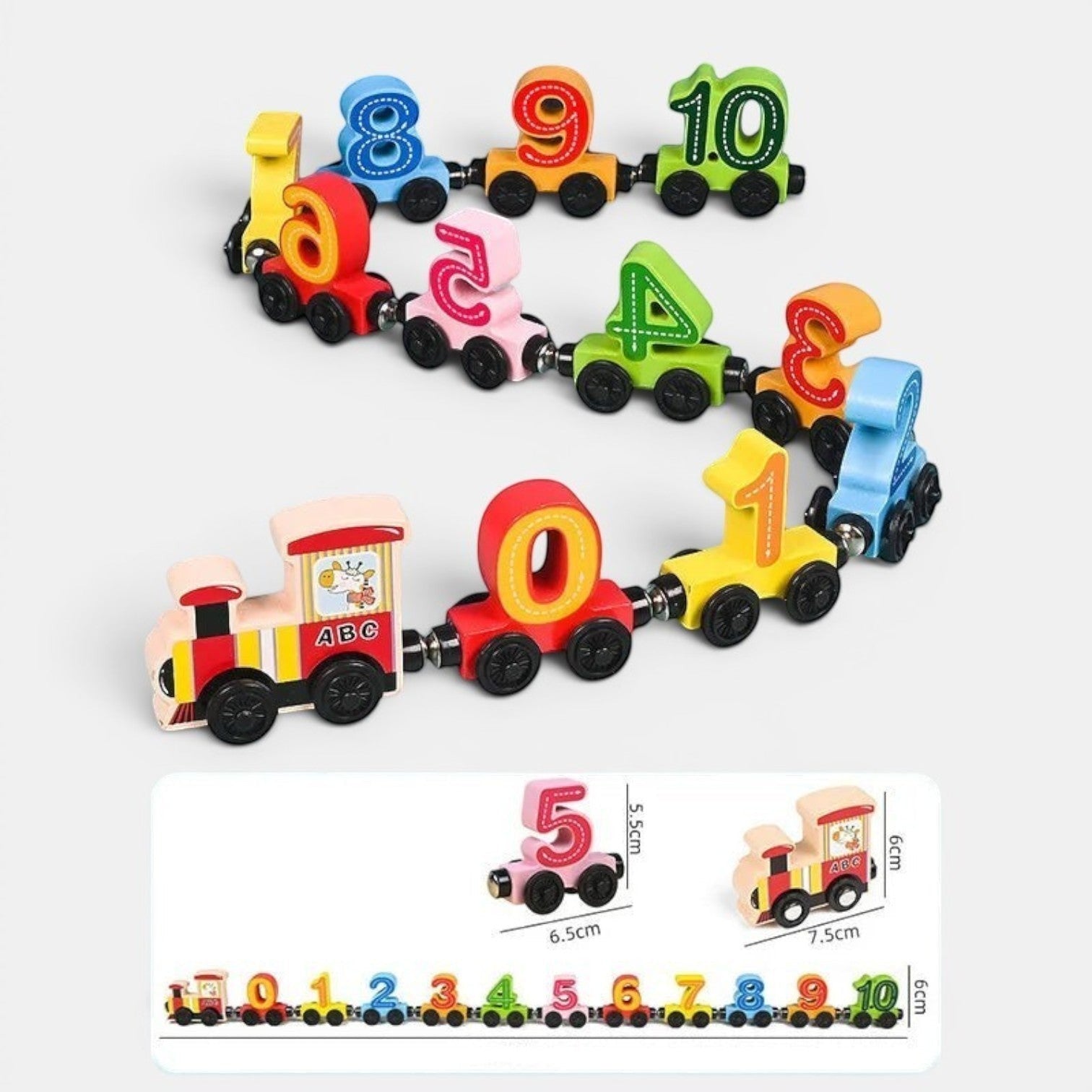 Petit Éveil Montessori train magnétique en bois éducatif avec chiffres colorés de 0 à 10 pour enfants.