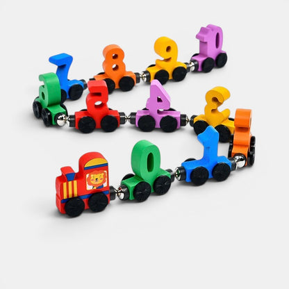 Petit Éveil Montessori train numérique en bois coloré avec wagons représentant les chiffres 0 à 10, jeu éducatif magnétique.