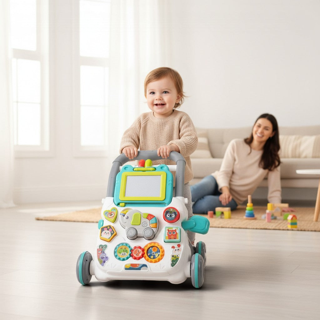 Petit Éveil Montessori Trotteur bébé multifonction musical avec tableau d'écriture et activités ludiques