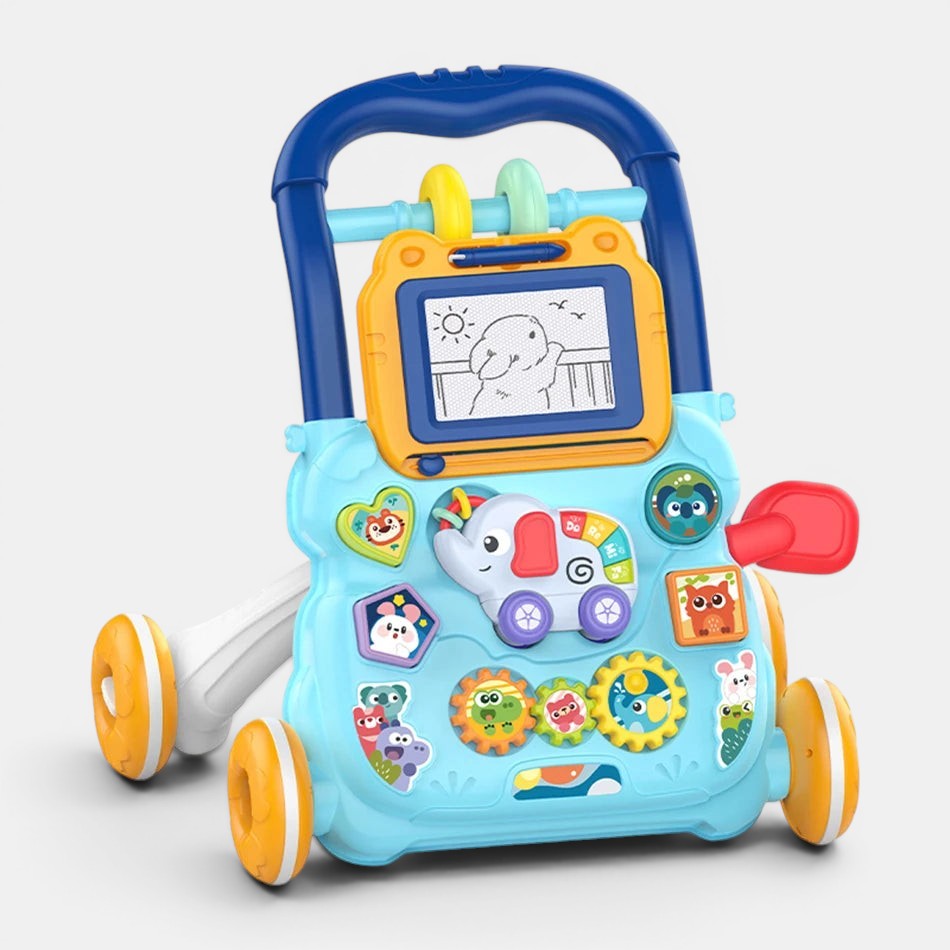 Trotteur bébé multifonction musical Petit Éveil Montessori bleu avec tableau d'écriture, éléphant et jeux interactifs.