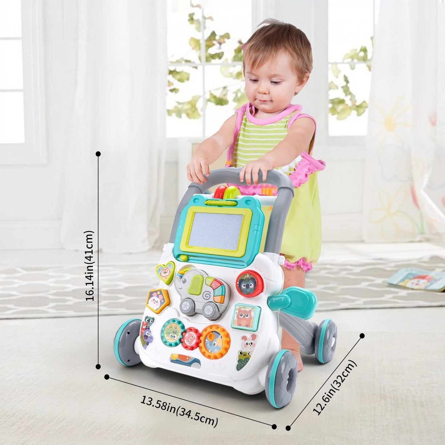 Petit Éveil Montessori trotteur bébé multifonction musical avec tableau d'écriture et jeux d'éveil.