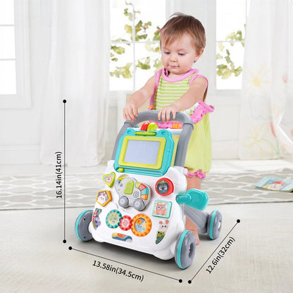 Petit Éveil Montessori trotteur bébé multifonction musical avec tableau d'écriture et jeux d'éveil.