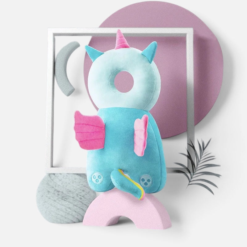 Petit Éveil Montessori unicorn baby head protection pillow in blue and pink cotton for toddlers learning to walk