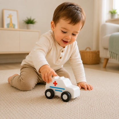Petit Éveil Montessori, petite voiture ambulance blanche avec croix rouge et bandes bleues, jouet éducatif en silicone pour bébé.