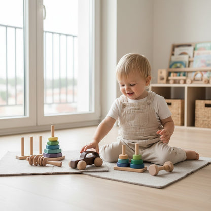 Voiture Montessori en bois sombre avec roues en bois clair, jouet éducatif pour enfants.