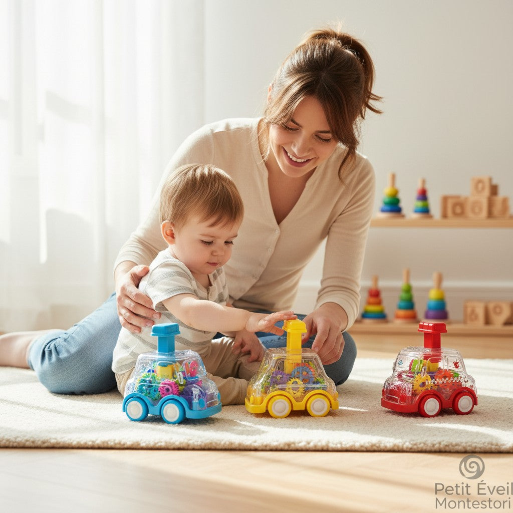 Jouet voiture transparent Petit Éveil Montessori avec engrenages colorés visibles, idéal pour l'éveil et la motricité.