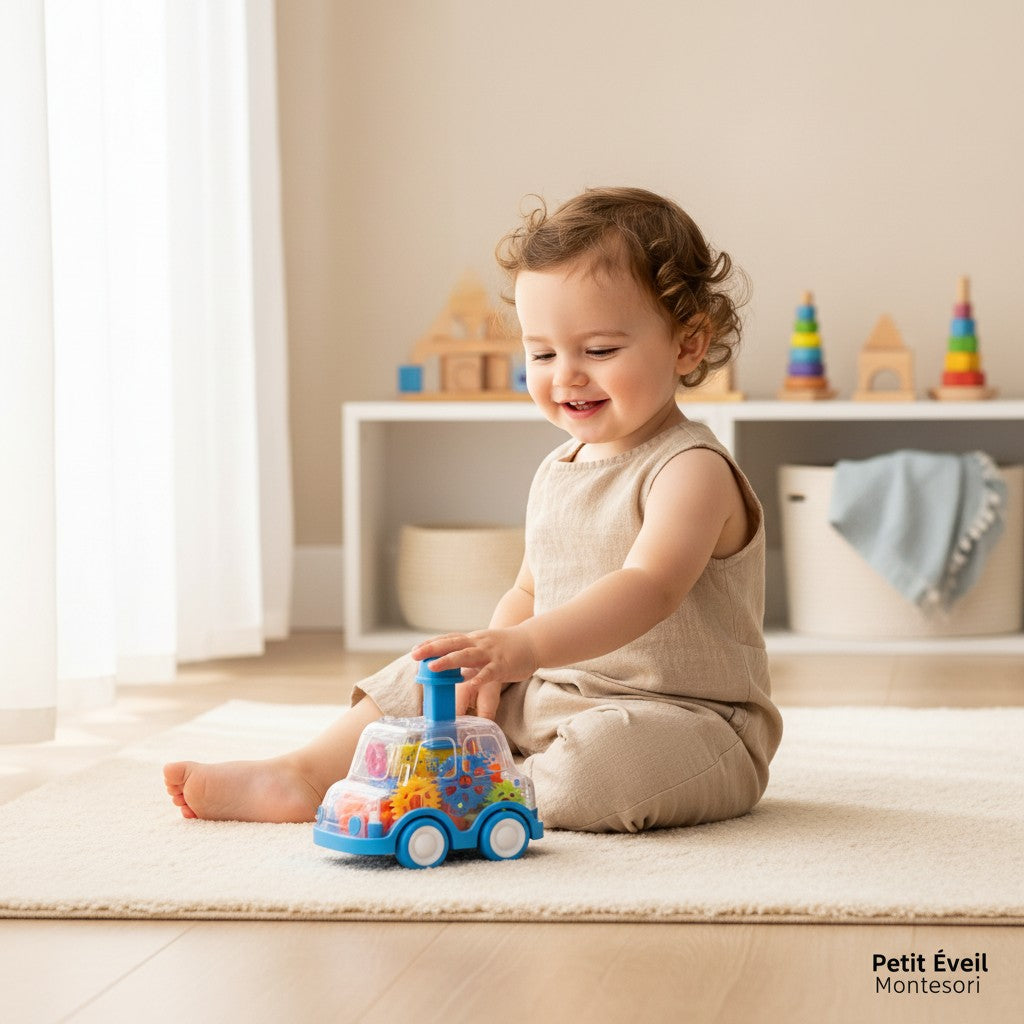 Petit Éveil Montessori, jouet voiture transparente avec engrenages colorés, idéal pour stimuler la motricité et la créativité.
