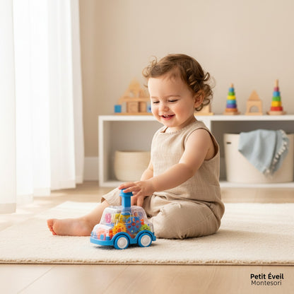 Petit Éveil Montessori, jouet voiture transparente avec engrenages colorés, idéal pour stimuler la motricité et la créativité.