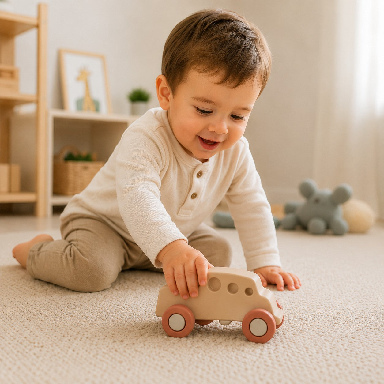 Petit Éveil Montessori - Voiture Montessori en silicone beige avec roues roses, jouet éducatif pour bébé.