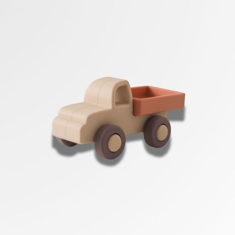 Voiture Montessori en silicone beige et marron, jouet éducatif pour bébé, idéal pour le développement moteur.