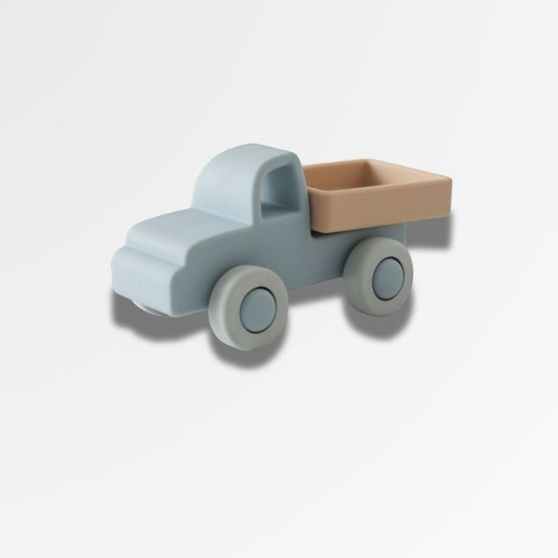 Voiture Montessori en silicone bleu ciel et beige, jouet éducatif pour bébé, développement moteur et concentration