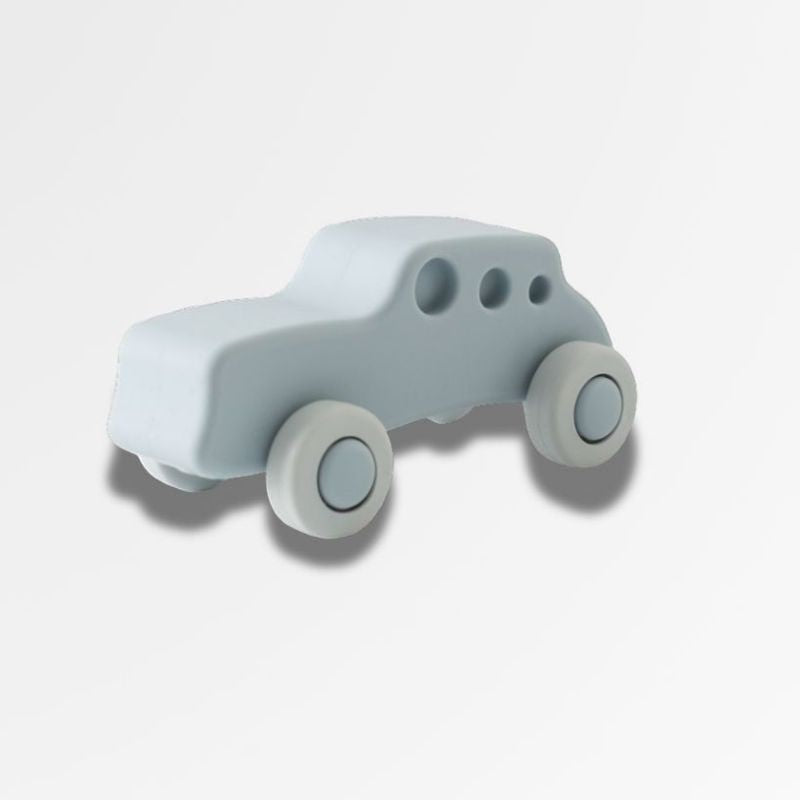 Voiture Montessori en silicone bleu pâle, jouet éducatif pour bébé, stimule la créativité et la motricité fine.