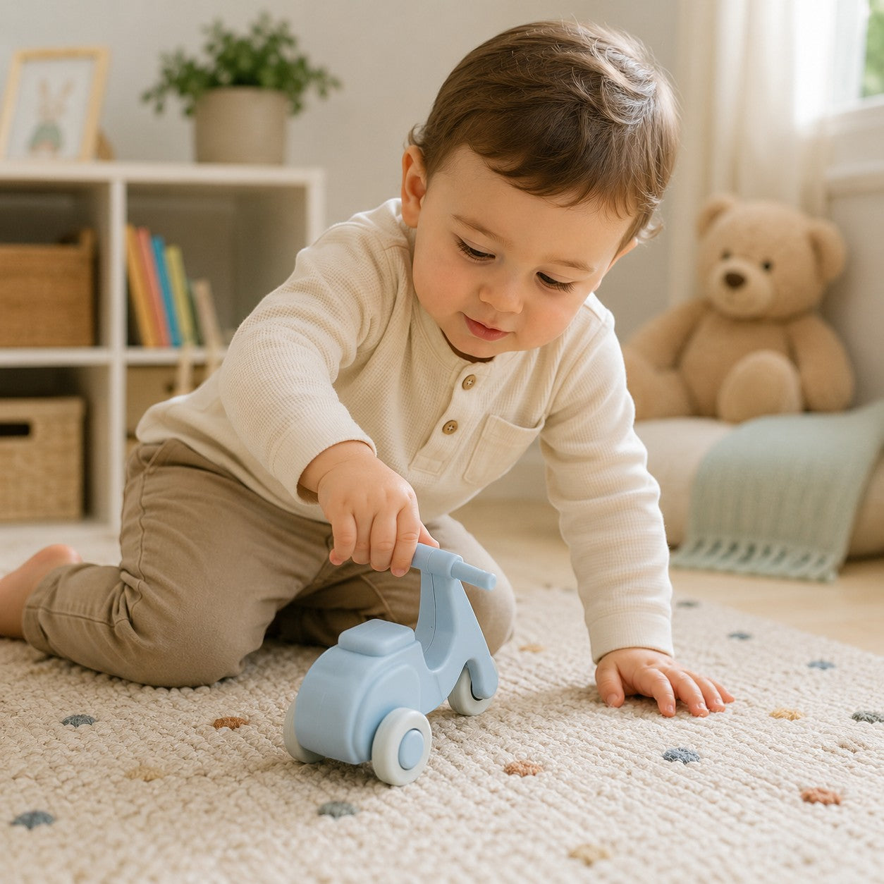 Petit Éveil Montessori - Petite voiture bleue en silicone pour bébé, jouet éducatif style scooter.