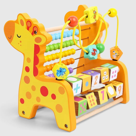 Petit Éveil Montessori wooden giraffe bead maze and abacus with colorful counting blocks for early childhood learning