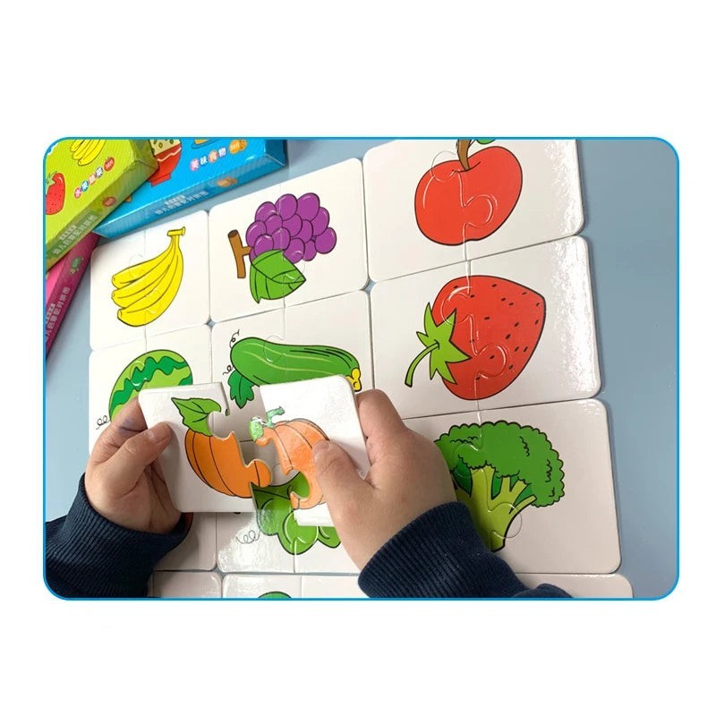 Cartes Montessori éducatives Petit Éveil Montessori : puzzles de fruits et légumes colorés pour enfants.