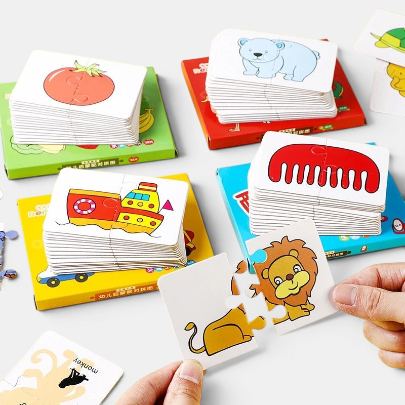 Cartes Montessori Éducatives Petit Éveil Montessori : puzzles de 2 pièces avec illustrations d'animaux et objets pour enfants.