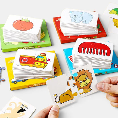 Cartes Montessori Éducatives Petit Éveil Montessori : puzzles de 2 pièces avec illustrations d'animaux et objets pour enfants.