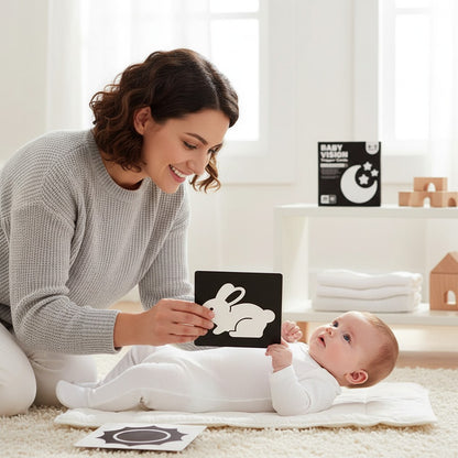 Petit Éveil Montessori : cartes de stimulation visuelle noir et blanc pour bébés 0-3 mois, motifs lapin, lune et étoile.