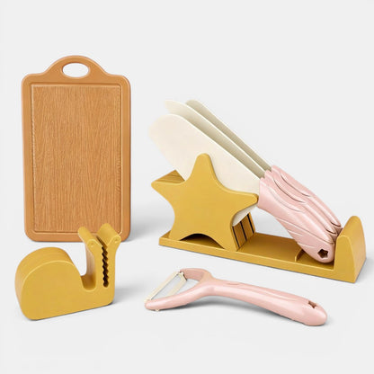 Petit Éveil Montessori : jeu de cuisine pour enfants, 7 pièces, jouets en plastique sûrs, planche à découper, économe et couteaux.