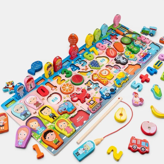 Petit Éveil Montessori: Jouet de pêche magnétique en bois avec chiffres, fruits, animaux et personnages colorés.