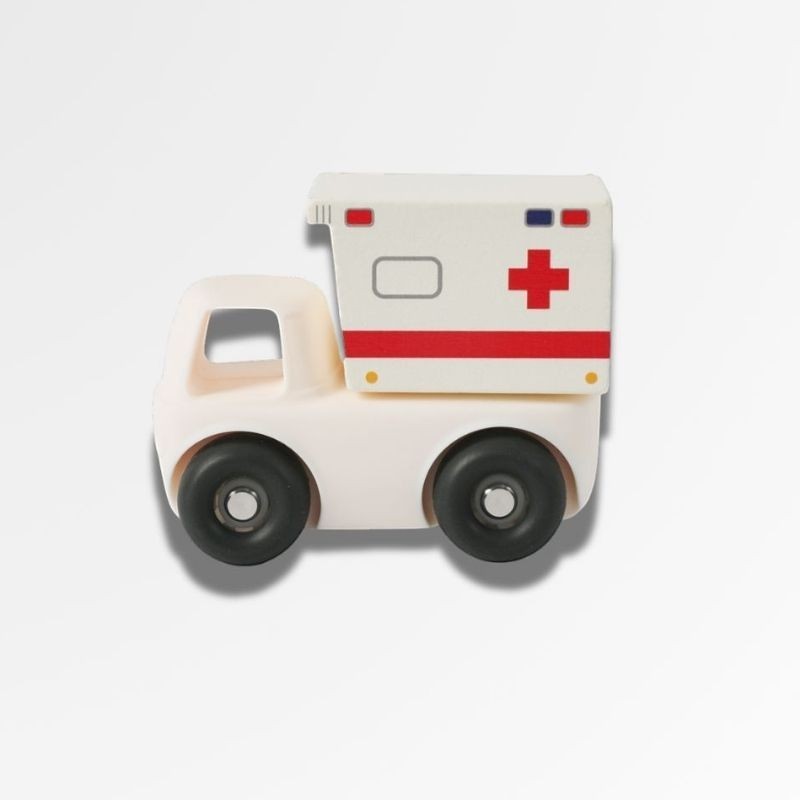 Voiture ambulance blanche en silicone Petit Éveil Montessori avec croix rouge, jouet éducatif pour bébé.