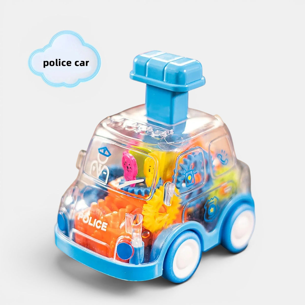 Voiture de police transparente Petit Éveil Montessori avec engrenages colorés et lumières bleues, jouet éducatif pour enfants.