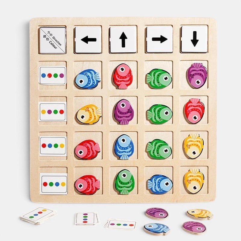 Jeu de société en bois Petit Éveil Montessori avec des poissons colorés et des flèches pour l'apprentissage.